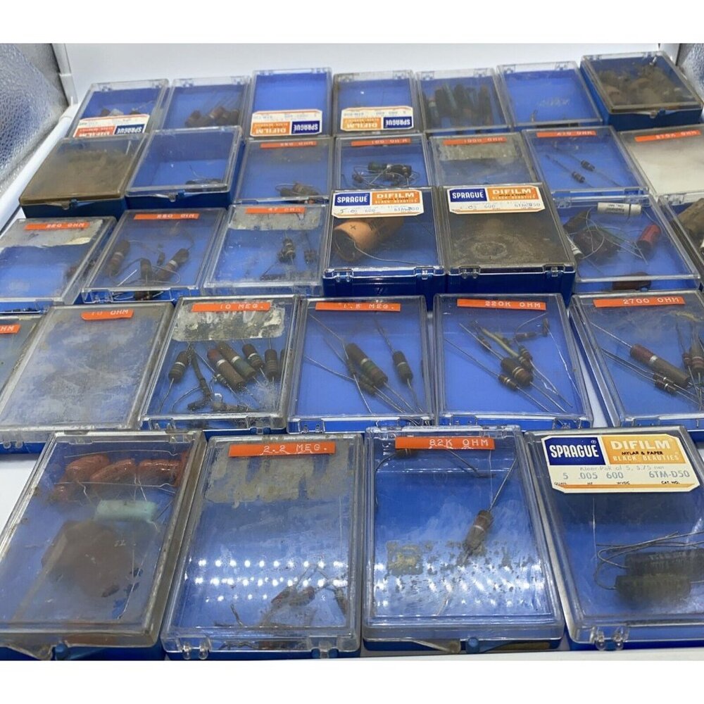Vintage Carbon Comp Resistors Capacitors Electronics Mixed Lot in Storage Cases